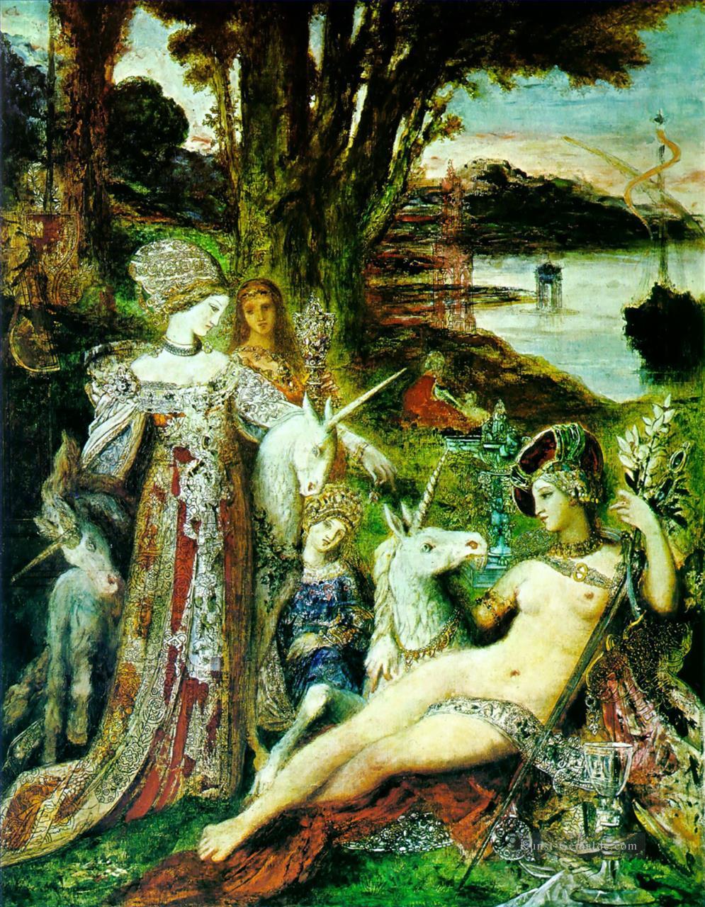 die Einhörner Symbolismus biblischen mythologischen Gustave Moreau Ölgemälde
